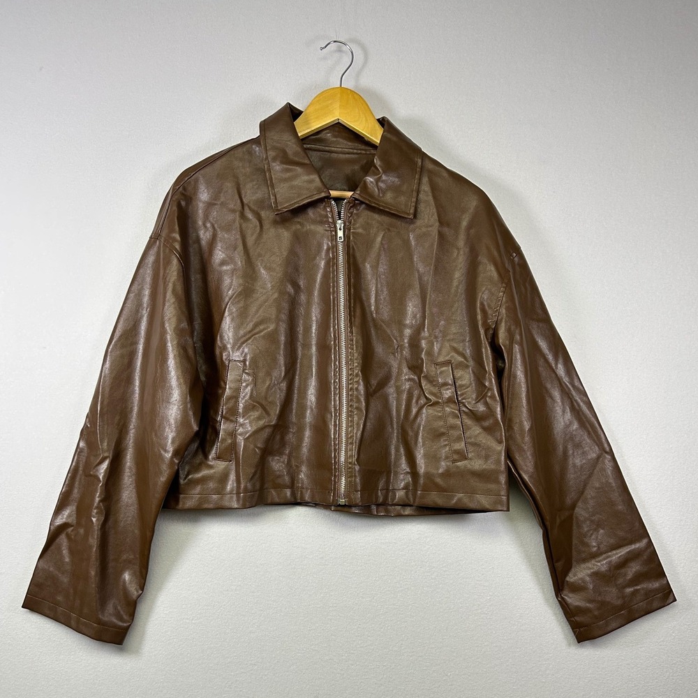 Dazy Faux Leather Jacket Women XL Brown Cropped‎ Zip Front Collared Relaxed Fit